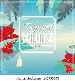 vector old-fashioned seashore view poster drive classical holiday summer earth star boat landscape palm travel isolated abstract vacation trip frigate scene boundary tourism blue sky view cloud warm d