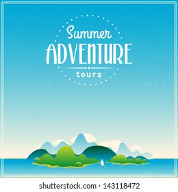 vector old-fashioned tour card excursion drive classical vacation summertime scenery star boat landscape palm travel isolated abstract trip cruiser background scene earth blue sky view cloud tropical