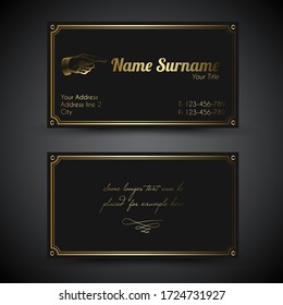 Vector old-style retro vintage business card - both front and back side, dark with golden color