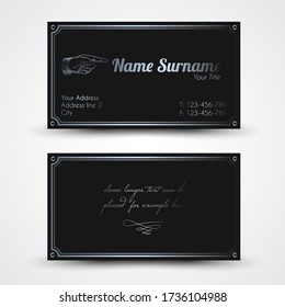 Vector old-style retro vintage business card - both front and back side, dark with silver color