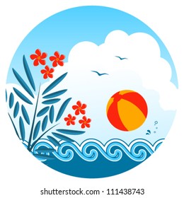vector oleander and beach ball over the waves