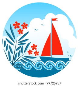 vector oleander and sailboat floating on the sea