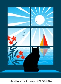 vector oleander and sailboat outside window