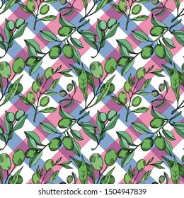 Vector Olive branch with fruit. Black and white engraved ink art. Seamless background pattern. Fabric wallpaper print texture.