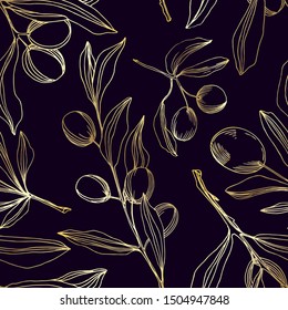 Vector Olive branch with fruit. Black and white engraved ink art. Seamless background pattern. Fabric wallpaper print texture.