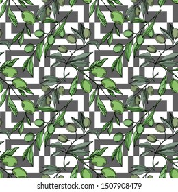 Vector Olive branch with fruit. Black and white engraved ink art. Seamless background pattern. Fabric wallpaper print texture.