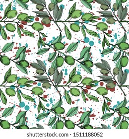 Vector Olive branch with fruit. Black and white engraved ink art. Seamless background pattern. Fabric wallpaper print texture.