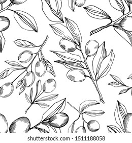 Vector Olive branch with fruit. Black and white engraved ink art. Seamless background pattern. Fabric wallpaper print texture.