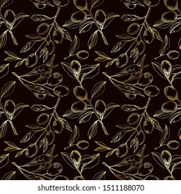 Vector Olive branch with fruit. Black and white engraved ink art. Seamless background pattern. Fabric wallpaper print texture.
