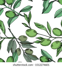 Vector Olive branch with fruit. Black and white engraved ink art. Seamless background pattern. Fabric wallpaper print texture.