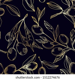 Vector Olive branch with fruit. Black and white engraved ink art. Seamless background pattern. Fabric wallpaper print texture.