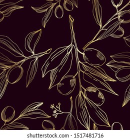 Vector Olive branch with fruit. Black and white engraved ink art. Seamless background pattern. Fabric wallpaper print texture.