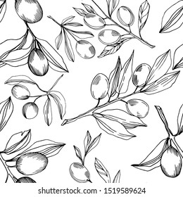 Vector Olive branch with fruit. Black and white engraved ink art. Seamless background pattern. Fabric wallpaper print texture.
