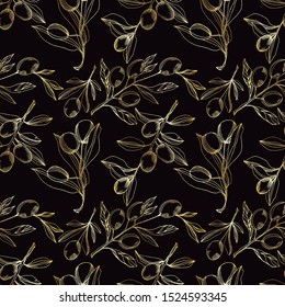 Vector Olive branch with fruit. Black and white engraved ink art. Seamless background pattern. Fabric wallpaper print texture.