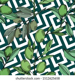 Vector Olive branch with fruit.  engraved ink art. Seamless background pattern. Fabric wallpaper print texture.