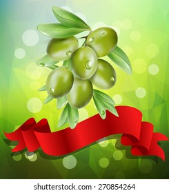 vector olive branch with red ribbon on a green background with bokeh
