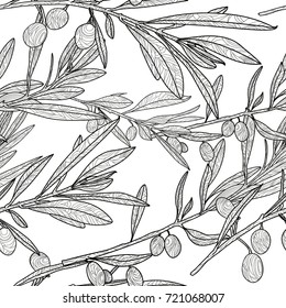 Vector olive branch seamless pattern. Black and white background with hand drawn sketch olives. Design for fabric, textile print. Italian or greece national food.