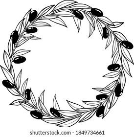 Vector olive branch wreath. For postcard and menu.  Ink drawing.