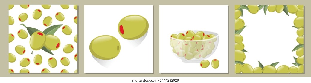 Vector olive designs set collection. Green olives stuffed with peppers and normal olives. Pickled olives with Leaves seamless pattern, frame template and different isolated elements of olive fruits.