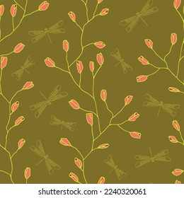 Vector olive Elegant Twigs seamless pattern. Elegant citrine twigs with salmon pink buds growing upwards among dragonflies in different sizes. Part of Labellula collection.