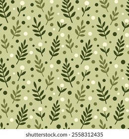 Vector olive leaves seamless pattern with polka dots in a minimalist style. Green shades of elements on light green olive background. The simple design for modern nature-inspired concepts