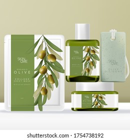 Vector Olive Oil Beauty Packaging Set with Face Mask Pouch, Packet or Sachet, Tinted Green Glass Serum Bottle & Jar, Soap on Rope. Olive illustration Printed. 