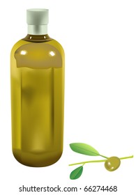 vector olive oil bottle and green olive on white background