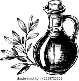 Vector olive oil bottle with olives and olive branch line art illustration, graphic line art. Elegant line botanical illustration. Great for any designs, textile, art, walls, package