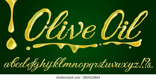 Vector olive oil font on a green background. Latin alphabet. The inscription Olive Oil, shiny delicious letters. Extra virgin olive oil.