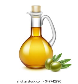 Vector Olive Oil Glass Jug Pitcher Jar Bottle with Olives Branches on Leaves Isolated on White Background