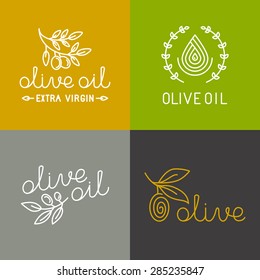 Vector olive oil icons and logo design elements in trendy linear style - mono line illustrations and concepts for packaging of extra virgin olive oil and fresh farm products