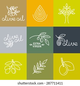 Iconos de aceite de oliva vectorial y elementos de diseño de logotipo en un estilo lineal moderno - ilustraciones y conceptos de línea mono para el envasado de aceite de oliva virgen extra y productos agrícolas frescos