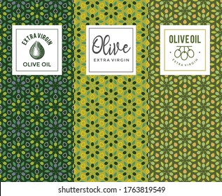 Vector olive oil label and sticker Set of vector illustrations for olives oils packaging bottles for natural, organic cosmetics, soap and beauty products. seamless pattern olive oil  fabric and print