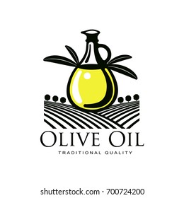 vector olive oil logo icon brand concept with bottle, olive branch. Isolated illustration on a white background Fresh natural food, agriculture and healthy eating concept