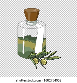 Vector olive oil transparent bottle with olive branch. Wooden cork and white tag