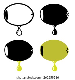 Vector olive. Pitted green and black olives with drop of oil, vector illustration