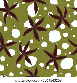 Vector olive seamless pattern: Darker Garden. Simple brown blossoms sitting among white hailstones on a green background with transparent tufts of grass. Part of Hail In The Fields collection.