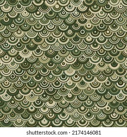Vector olive and tan repeating texture print of snake camo or dragon skin seamless pattern. Fashionable geomethic camouflae print. Abstract texture for textile or wrapping paper prints.