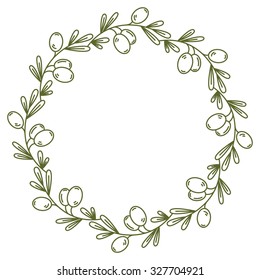 Vector olive wreath isolated on white. For design restaurant menu, organic cosmetic, greeting cards. In modern linear style. There are place for you text. Easy move elements for your design