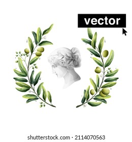 Vector olive wreath watercolor style illustration with antique Greek goddess statue. Set of Mediterranean berries, green leaves, flowers, buds, and branches. Botanical collection on white background.