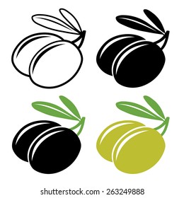 Vector olives. Pair of green and black olives on a branch with leaves, vector illustration
