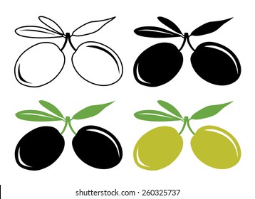 Vector olives. Two black and green olives with leaves, vector illustration in color and black and white