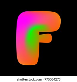 Vector olorful curvy liquid letter f on black Bubble shapes layout design neon colours bright shiny colorfull bold letter f with gradient pink green and orange colors
