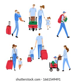 Vector olorful set with illustrations of people walking children and luggage