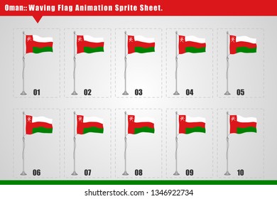 Vector Oman waving flag animation. Sequence frames sprite sheet illustration. Smooth waving animation sprites on white background, Oman flag vector animation frames.