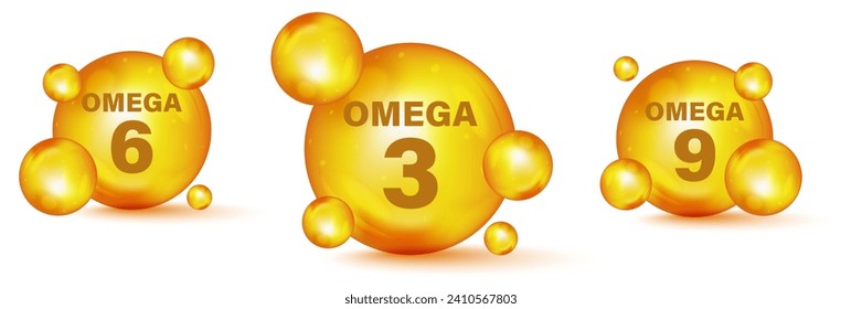 Ácidos vectores omega. Omega-3 grasas poliinsaturadas, Omega-6, Omega-9. Juego de gotas de oro iconos Omega Tres, Seis Y Nueve. Ácido graso omega, epa, dha. Alimentos saludables suplementos de ácido graso, aceite de pescado