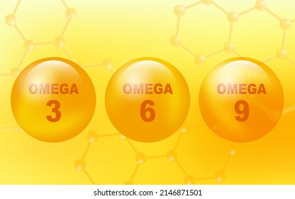 Vector Omega acids three six and nine fish oil pills and dna molecule symbol on yellow background. Acid epa dha 3, 6 and 9 organic vitamin nutrient