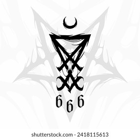 Vector on black and white background of satanic occult signs and mystical symbols. On background Inverted Pentagram and main is Sigil of Lucifer with moon and 666. Tattoo Baphomet vector