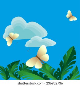 Vector on a blue background flying butterflies over the vegetation