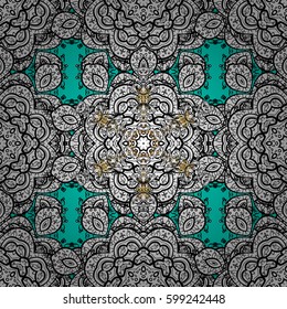 Vector on blue background with golden elements and with white doodles. Vector illustration. Damask for design.